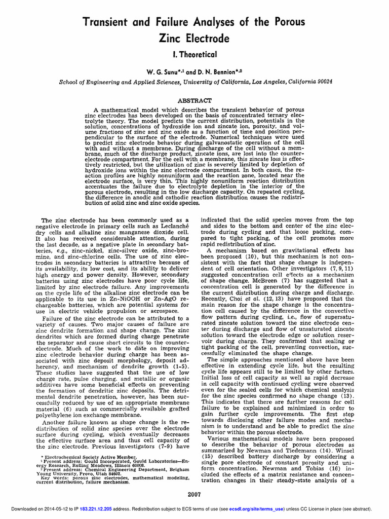 Transient and Failure Analyses of The Porous Zinc Electrode I