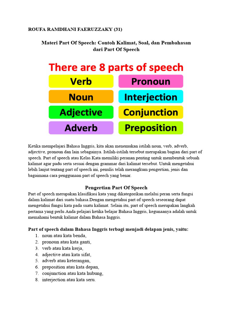 Contoh Kalimat Part of Speech Inggris | PDF