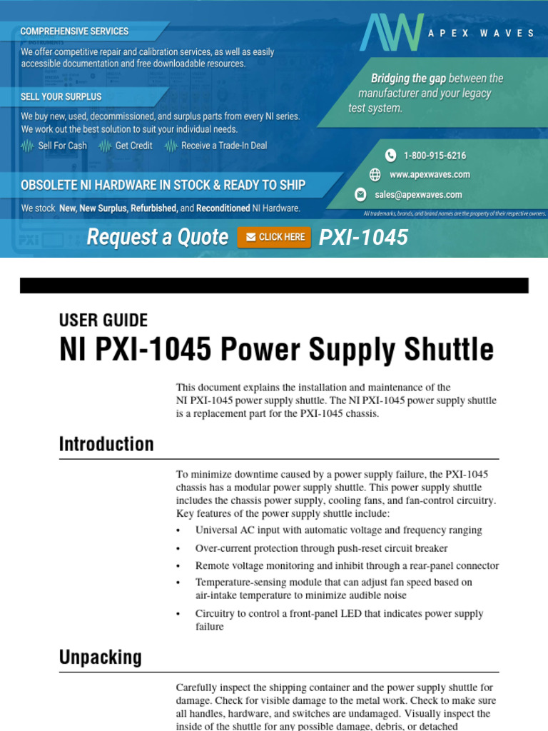 NI PXI-1045 Power Supply Shuttle Guide | PDF | Power Supply ...