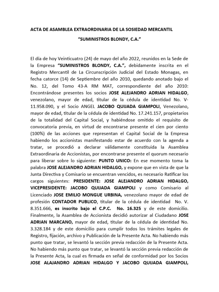 Acta de Asamblea Extraordinaria Suministros Blondy, C.A. | PDF | Gobierno