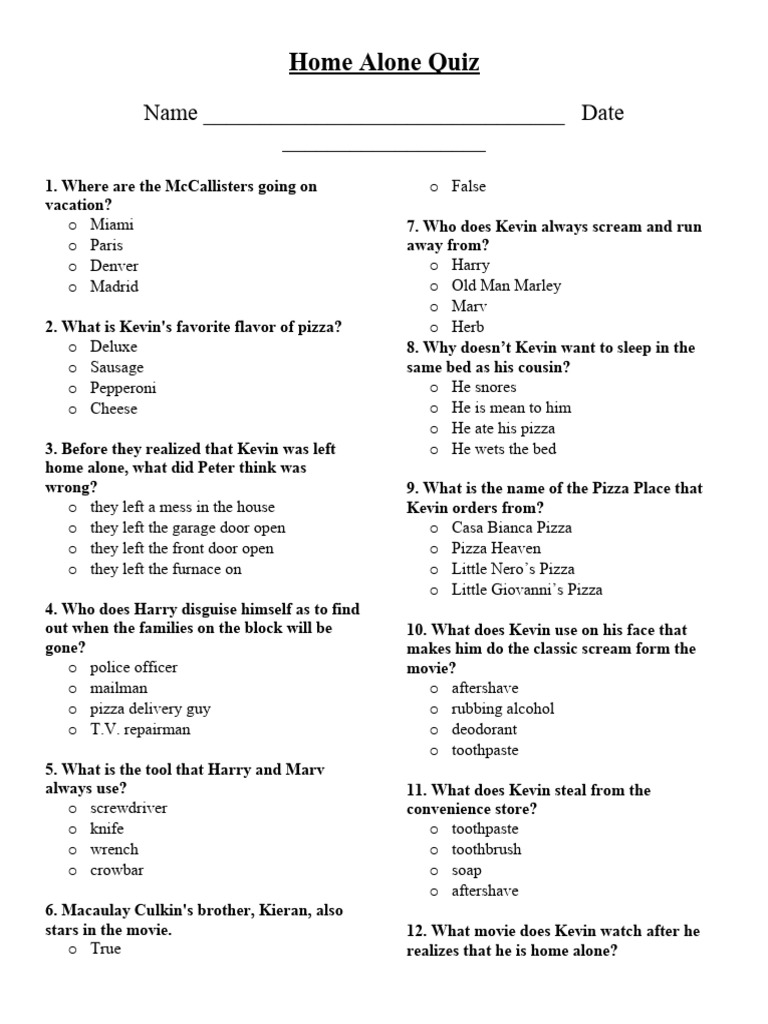Home Alone Quiz PDF
