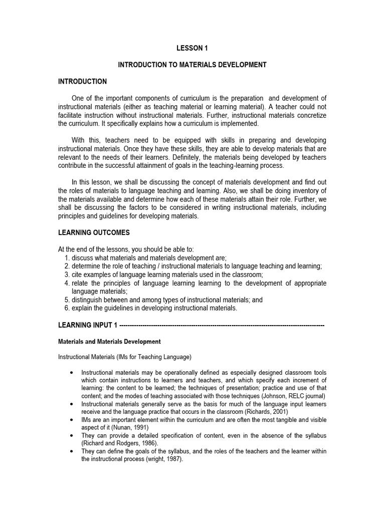 Introduction To Materials and Materials Development PDF Learning Curriculum