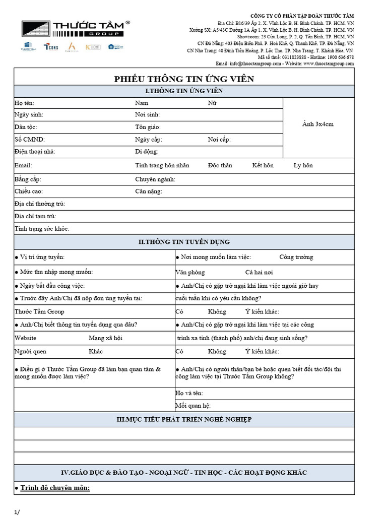 Phieu Thong Tin Ung Vien - TTG | PDF