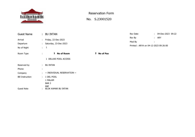 Simple Hotel Reservation for BU INTAN | PDF