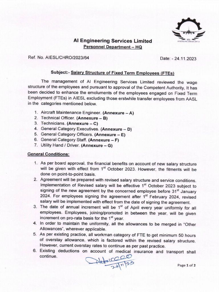 Salary Structure of Fixed Term Employees (FTEs) PDF