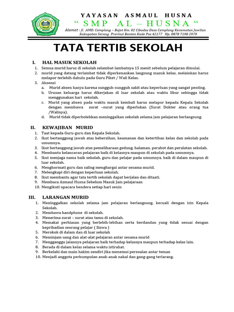Tata Tertib SMP Al-Husna 2023 | PDF
