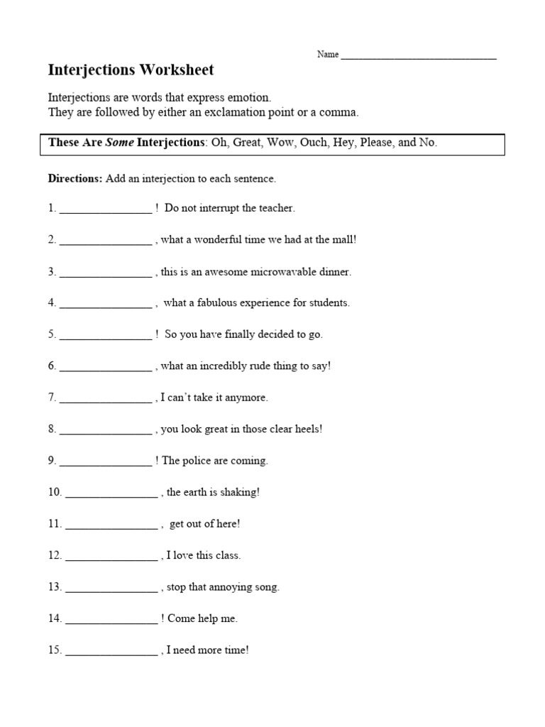 Interjections Worksheet for Students | PDF | Career & Growth