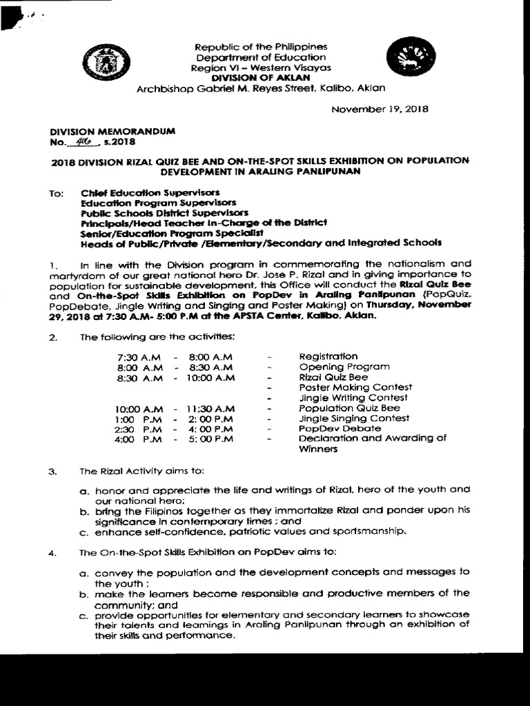 2018 Division Rizal Quiz Bee and On The Spot Ski 11272018142240 | PDF