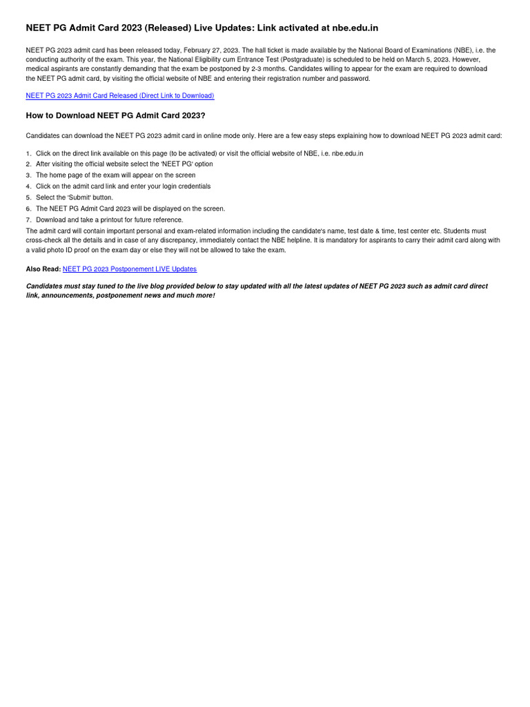 NEET PG 2023 Admit Card Guide | PDF