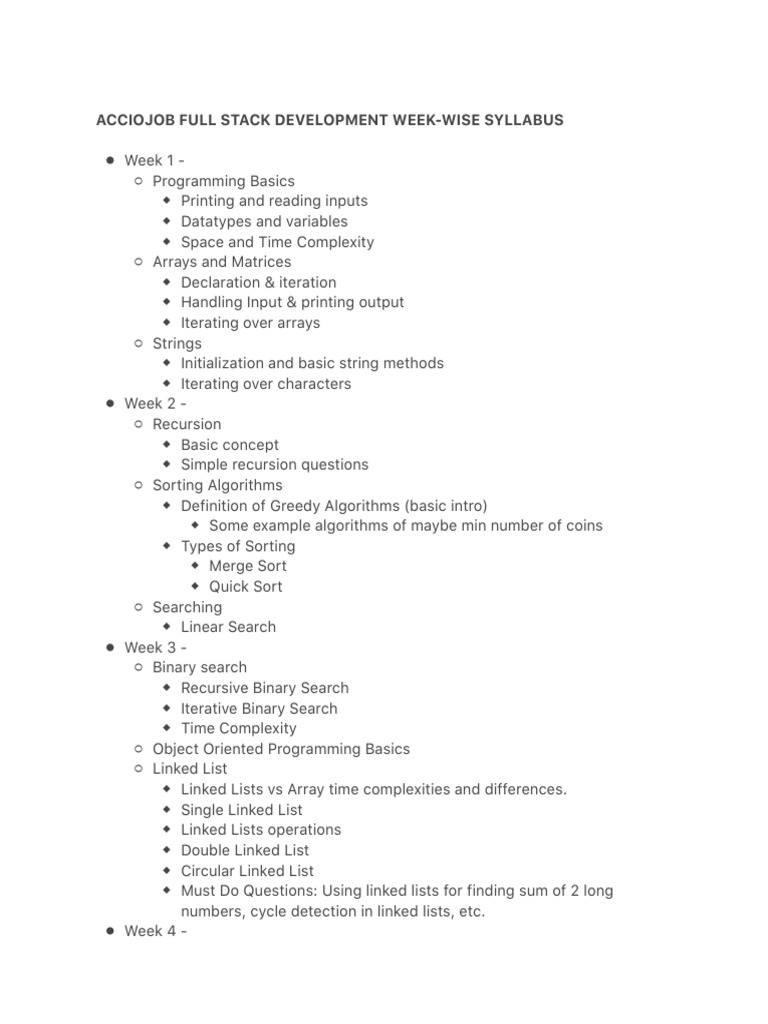 Acciojob Full Stack Development Week-Wise Syllabus | PDF | Java Script ...