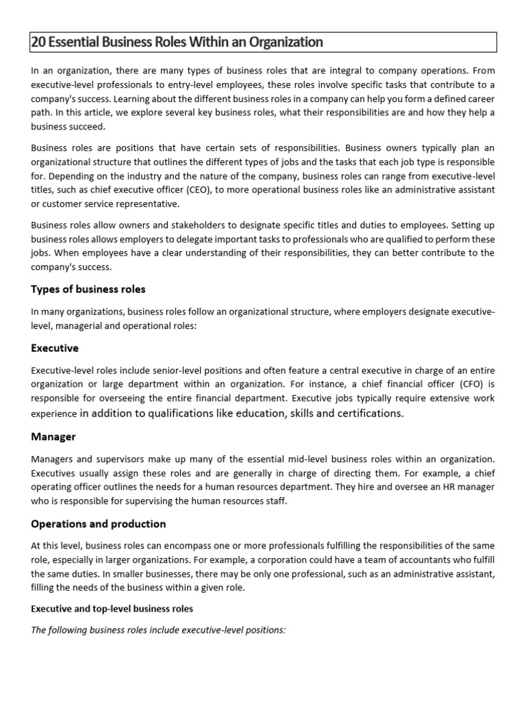 Key Business Roles in Organizations | PDF | Human Resources | Human ...