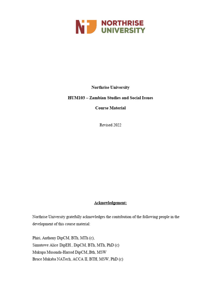 HUM103 ONL S2 2023 Zambian Studies & Social Issues Course Material