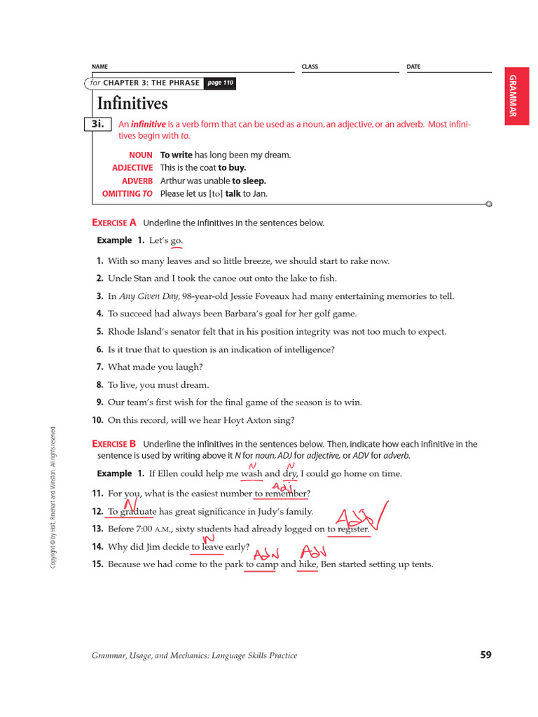 Infinitives Worksheet PDF Adverb Adjective
