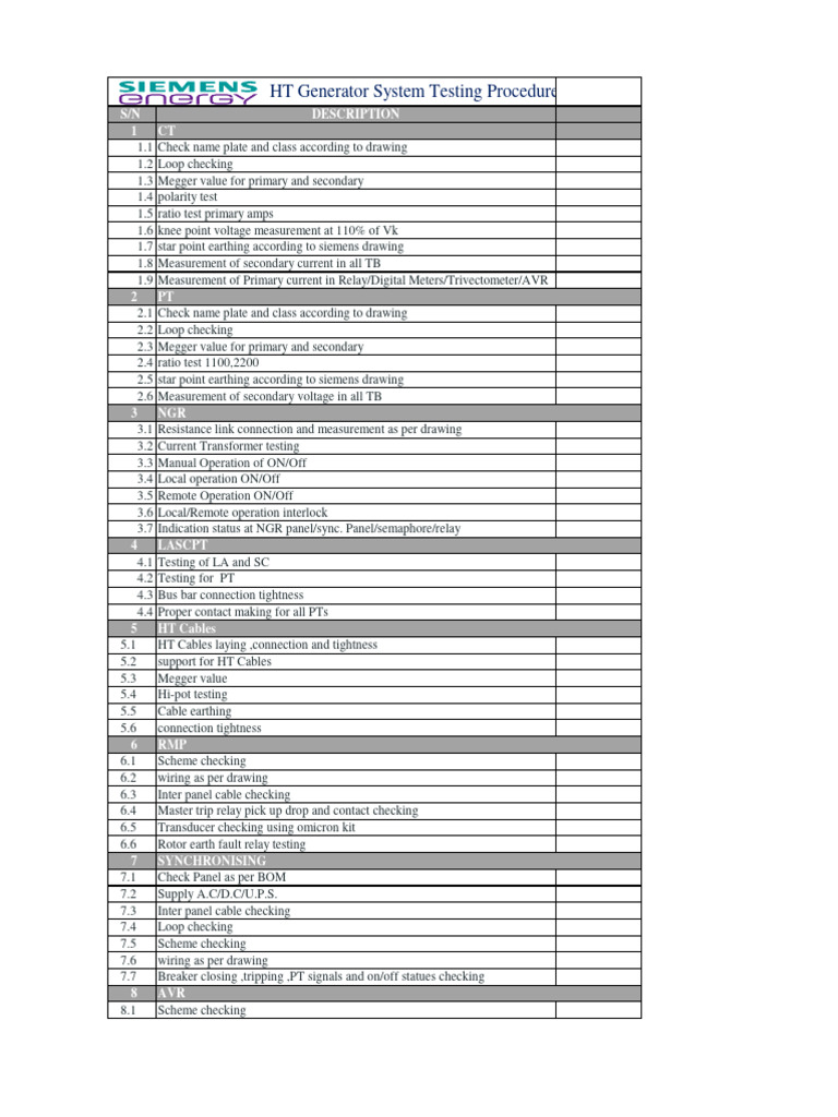 HT Generator System Testing Checklist | PDF | Relay | Battery Charger