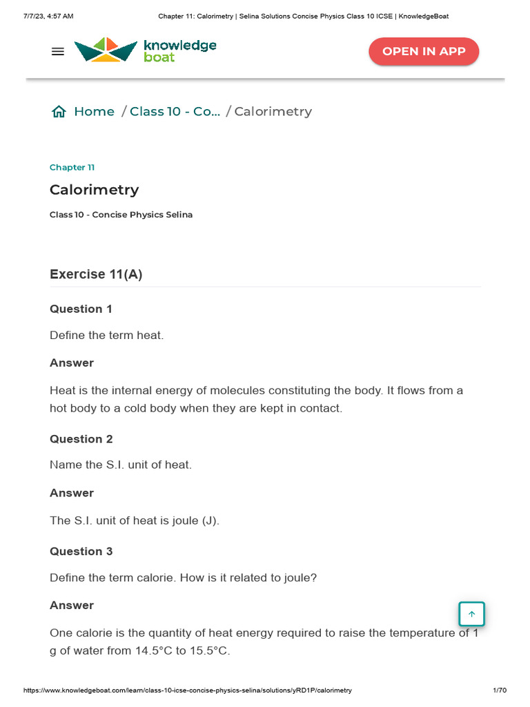 Chapter 11 Calorimetry Selina Solutions Concise Physics Class 10