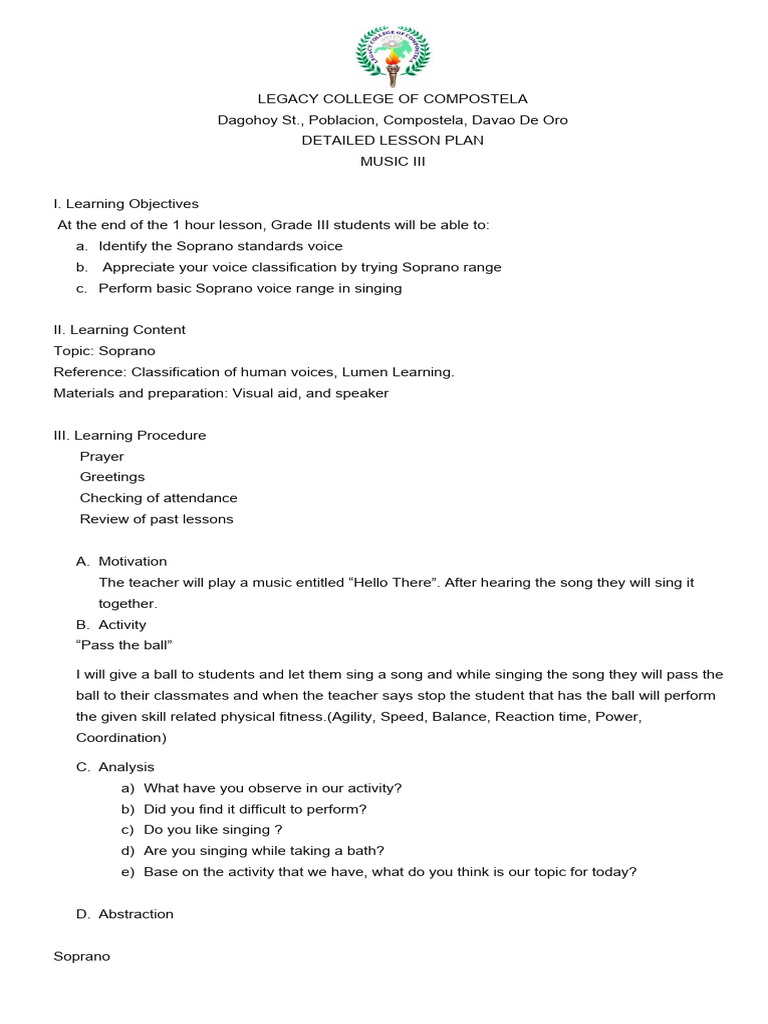 Soprano Voice Lesson Plan for Grade III | PDF | Singing | Cognition
