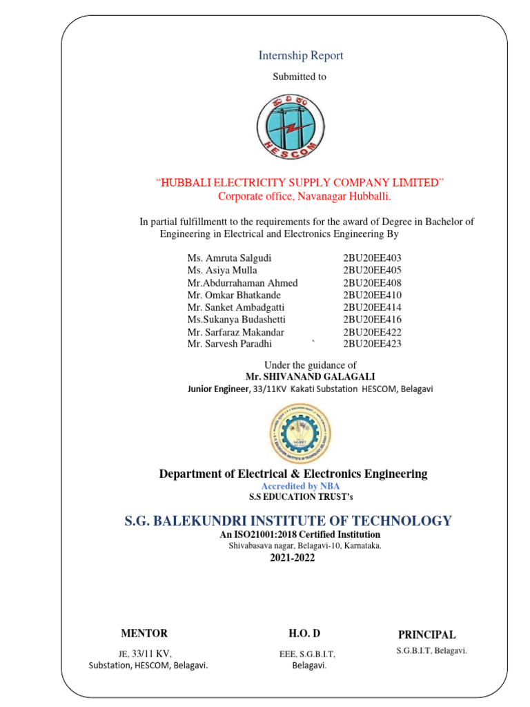 Internship Report "Hubbali Electricity Supply Company Limited" Corporate Office, Navanagar