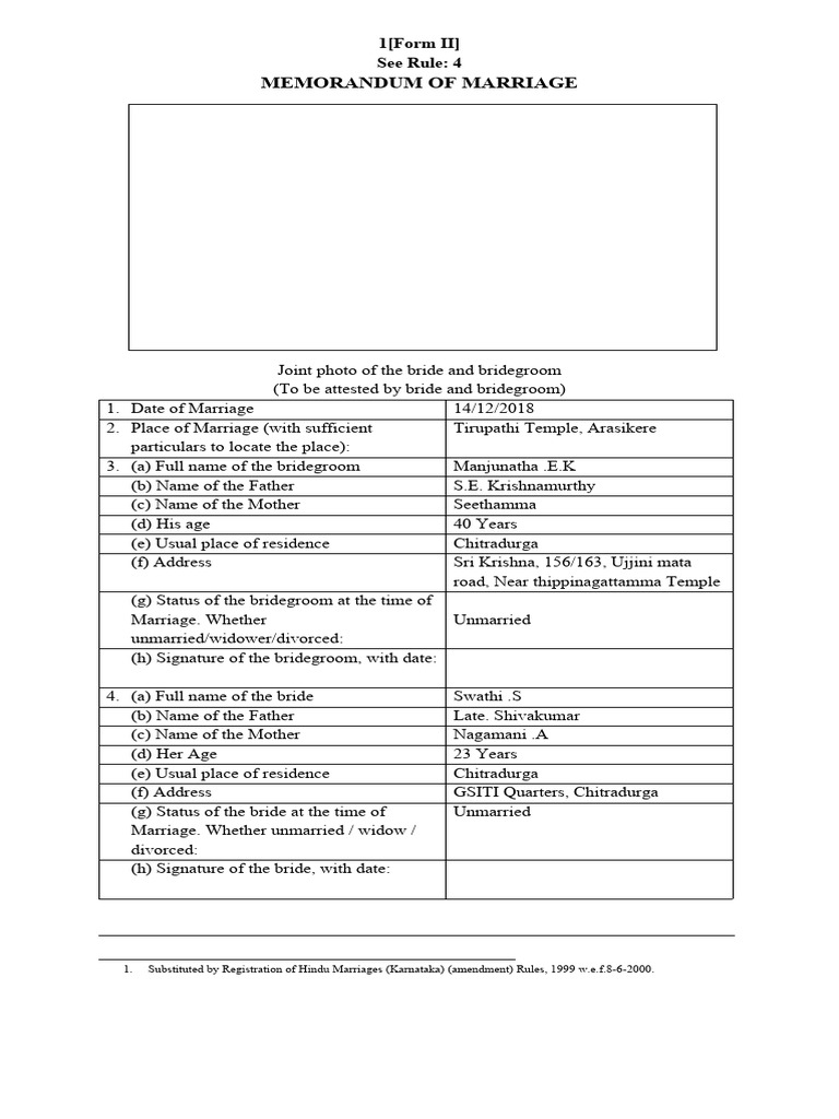 Memorandum of Marriage: 1 (Form II) See Rule: 4 | PDF | Marriage | Family
