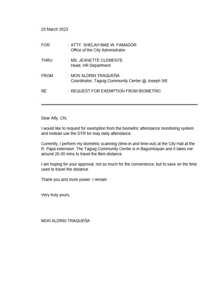 Request for Biometric Exemption | PDF