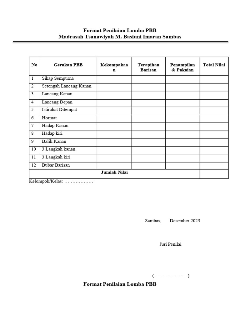 Format Penilaian Lomba PBB 2023 | PDF
