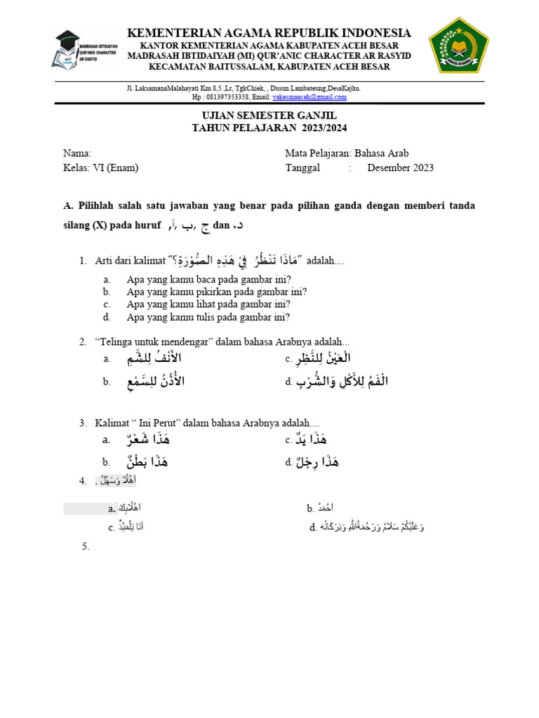 Soal Ujian Bahasa Arab Kelas VI | PDF