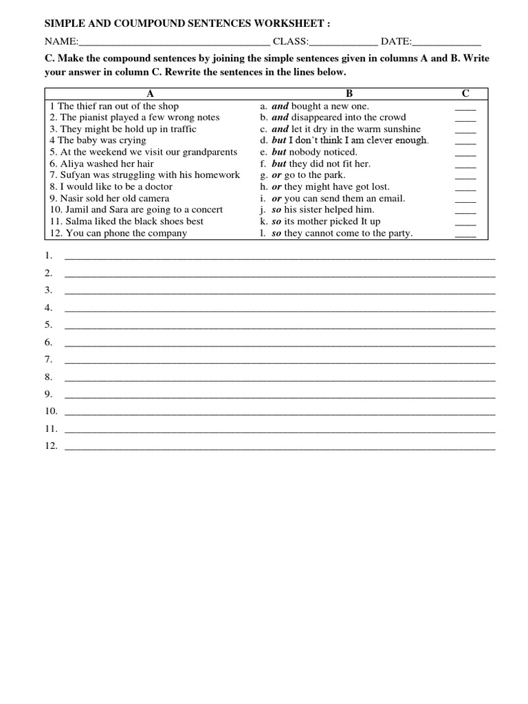 Simple and Compound Sentences Worksheet | PDF