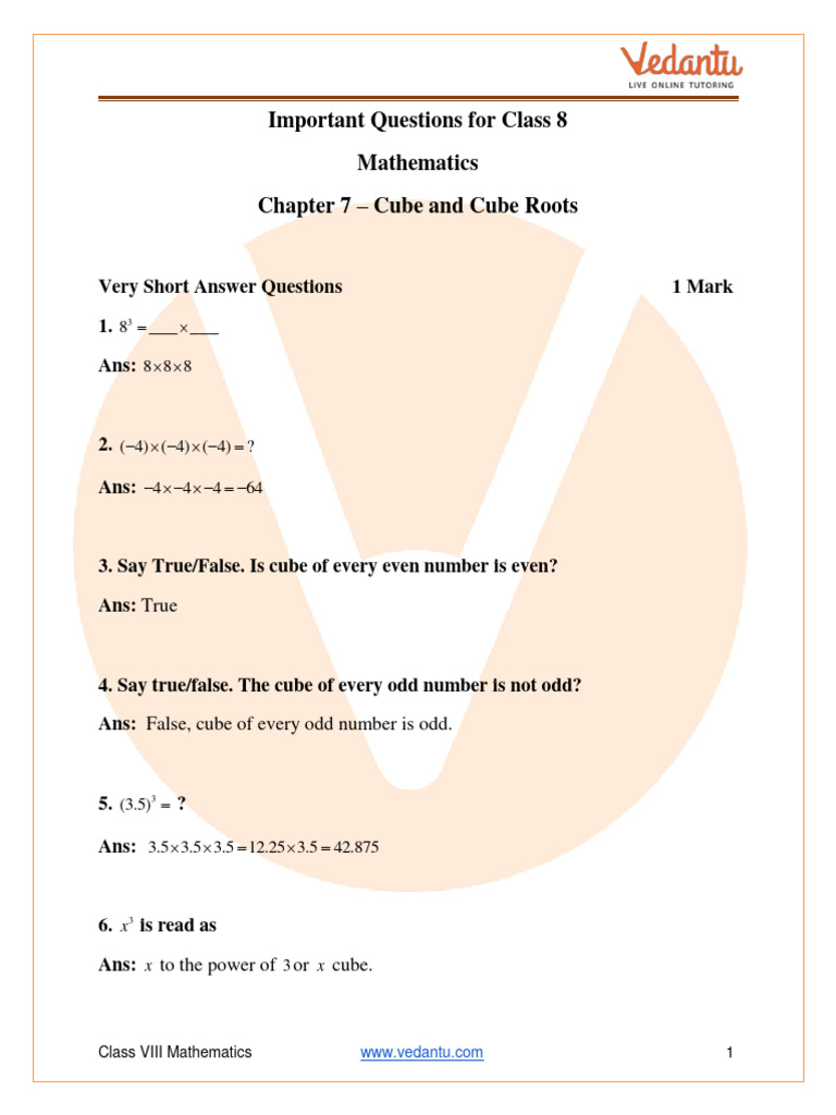 Class 8 Cube and Cube Roots Questions | PDF | Numbers | Discrete ...