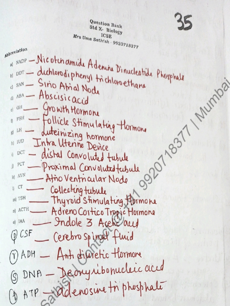 Abbreviations FullForms Biology 10th PDF