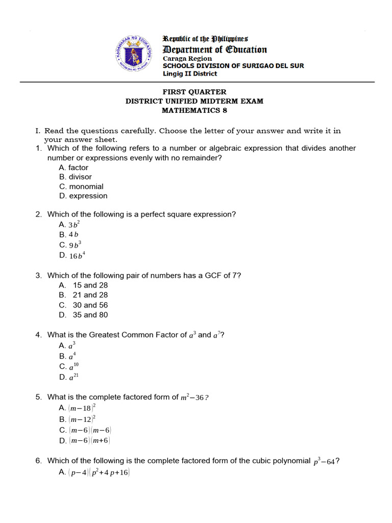 Mathematics 8 Midterm Exam Questions | PDF | Factorization | Cartesian ...