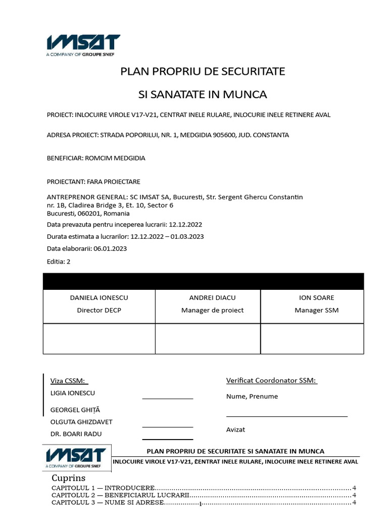 Plan Propriu SSM - Su - Romcim Medgidia - 06 01 2023 Ed 02 | PDF