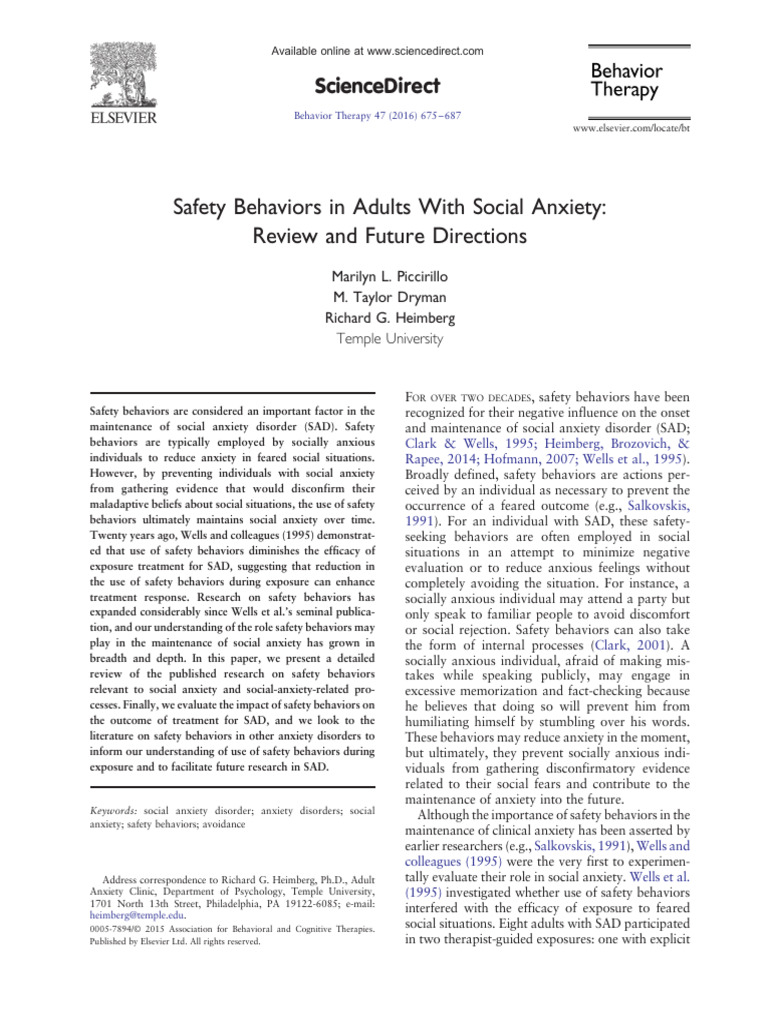 Social Anxiety: Safety Behaviors Review | PDF | Anxiety Disorder ...