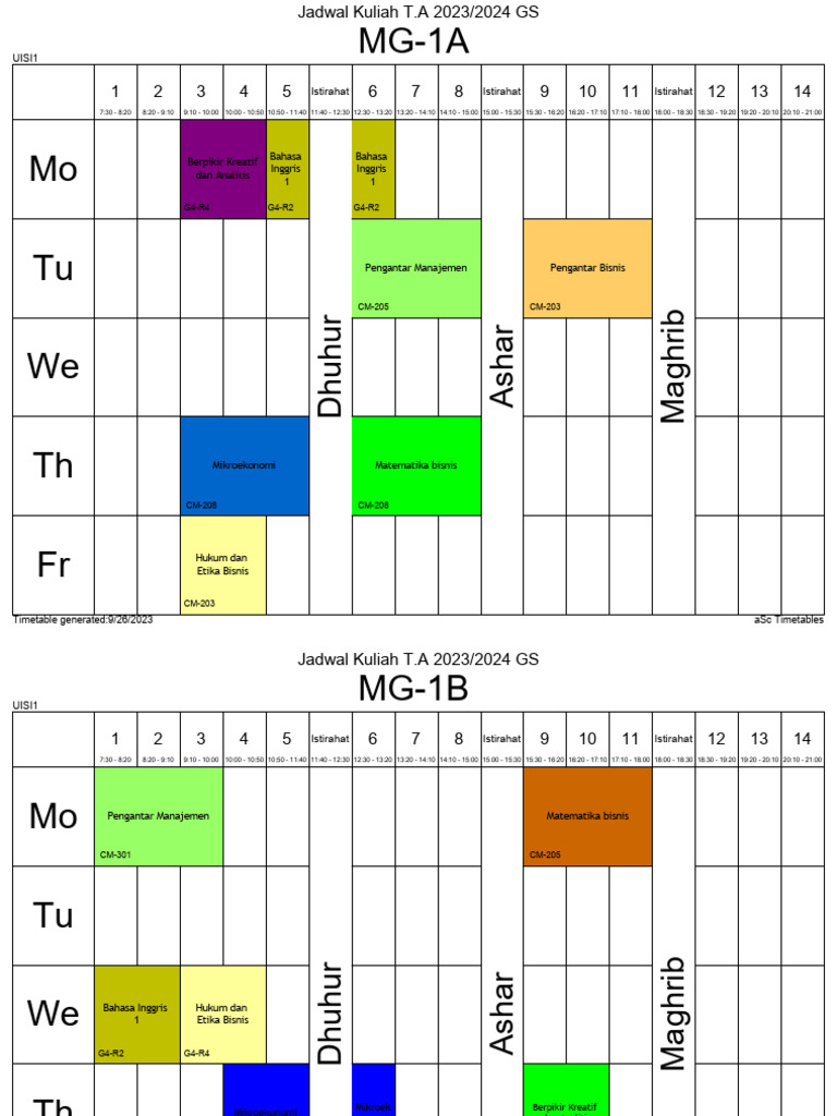 Jadwal Kuliah T.A 2023-2024 GS (Per Kelas) v2 | PDF