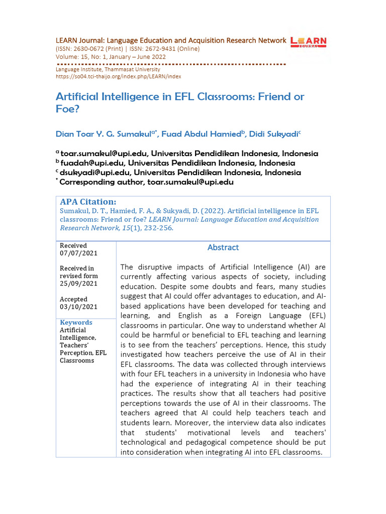 AI in EFL Classrooms: Teacher Insights | PDF | Intelligence (AI ...