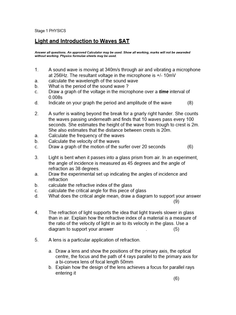 Physics Stage 1 Light And Waves Practice Sat Pdf Waves Refraction