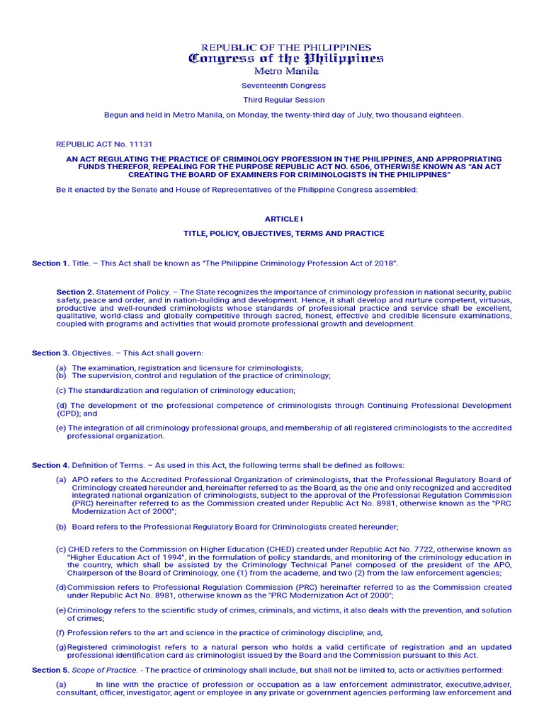Republic Act No. 11131 | PDF | Licensure | Forensic Science