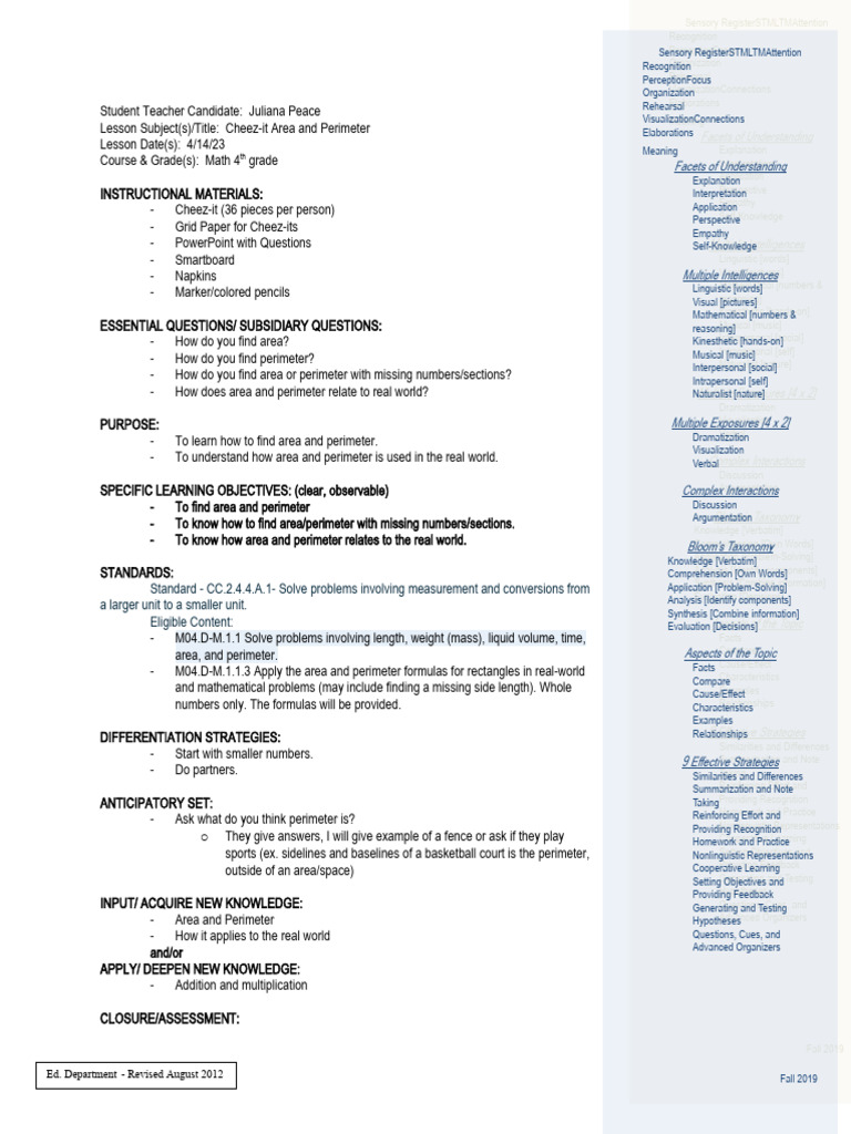 CheezIt Area and Perimeter Lesson Plan PDF Area Procedural Knowledge