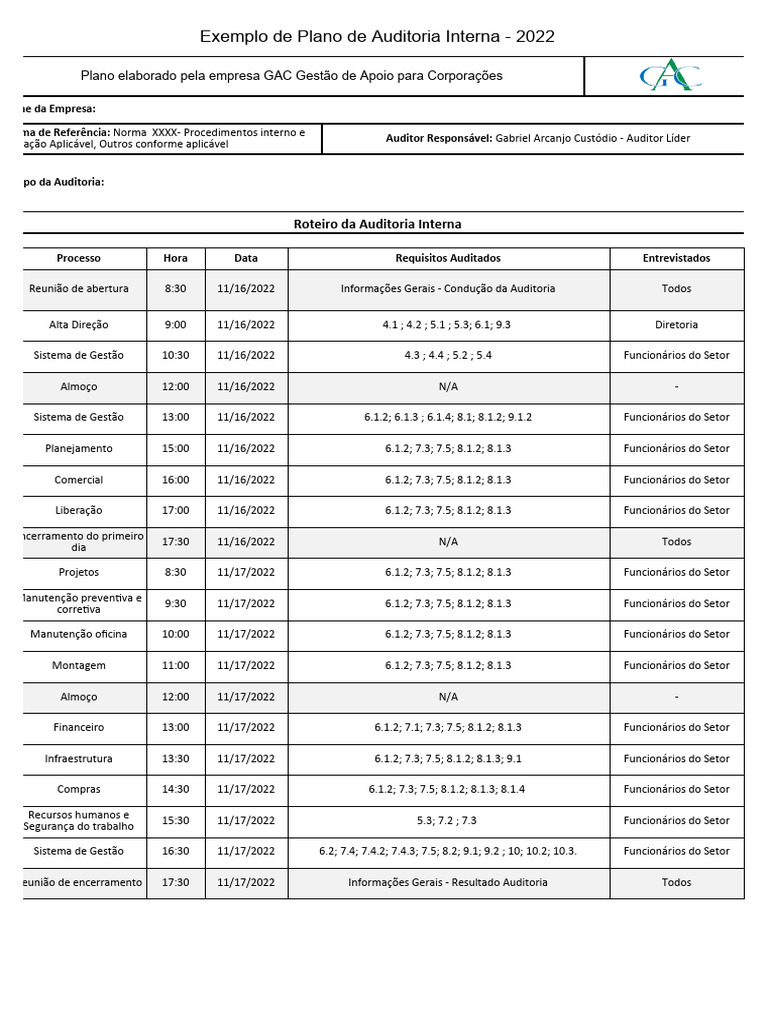 Modelo De Plano De Auditoria Interna Pdf Business Gestão De