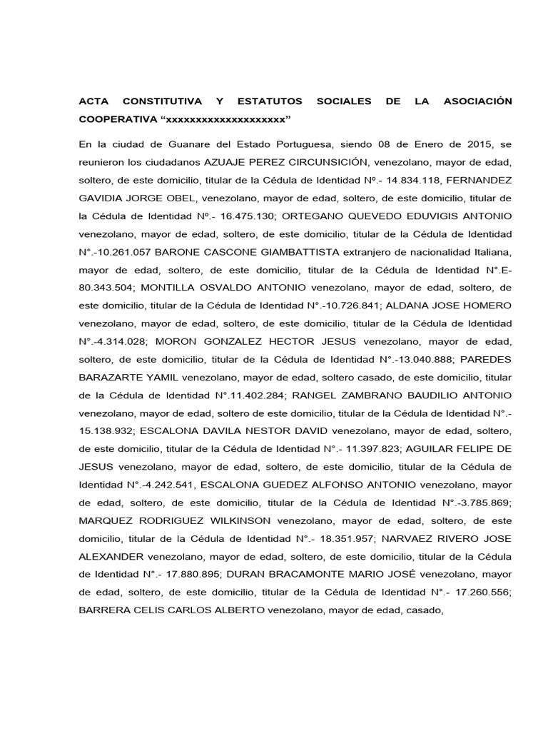 Acta Constitutiva y Estatutos Sociales de La Asociación Cooperativa ...