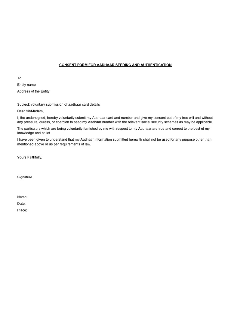 Aadhaar Seeding Consent Form | PDF