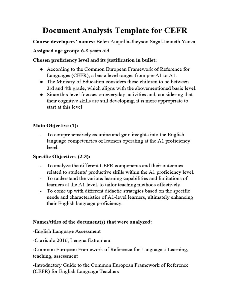 CEFR A1 Language Skills Analysis Template | PDF | Learning | Word