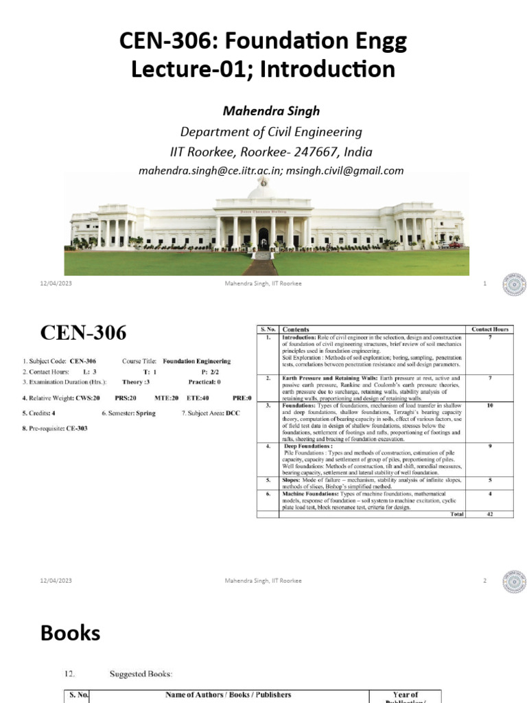CEN 306 Lect 01 MSINGH 20230103 | PDF | Foundation (Engineering ...