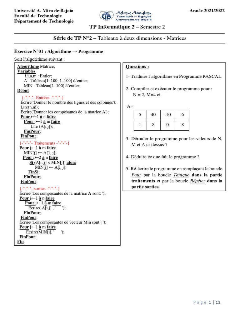 Algorithme et Programme en Pascal sur Matrices | PDF | Matrice ...