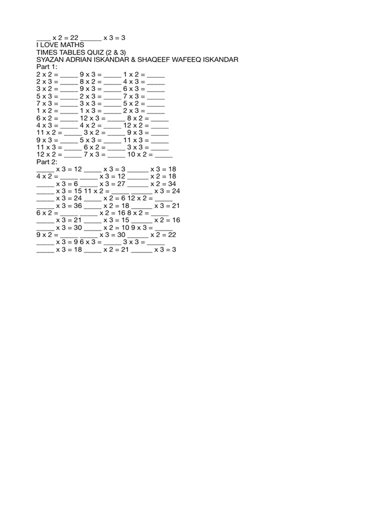 Times Tables Quiz for 2 & 3 | PDF