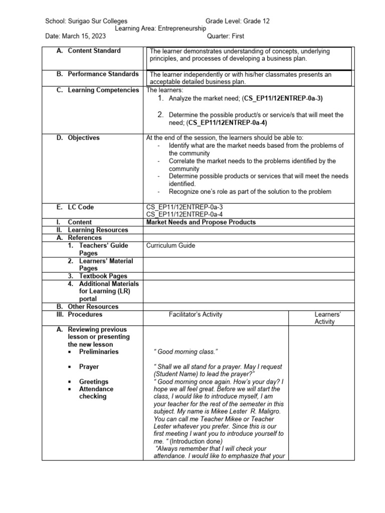 1.detailed Lesson Plan On Entrepreneurship PDF Learning Lesson Plan