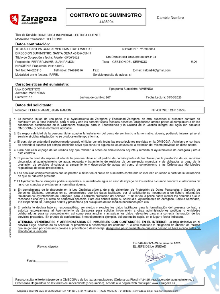 Contrato de Suministro de Agua Zaragoza | PDF
