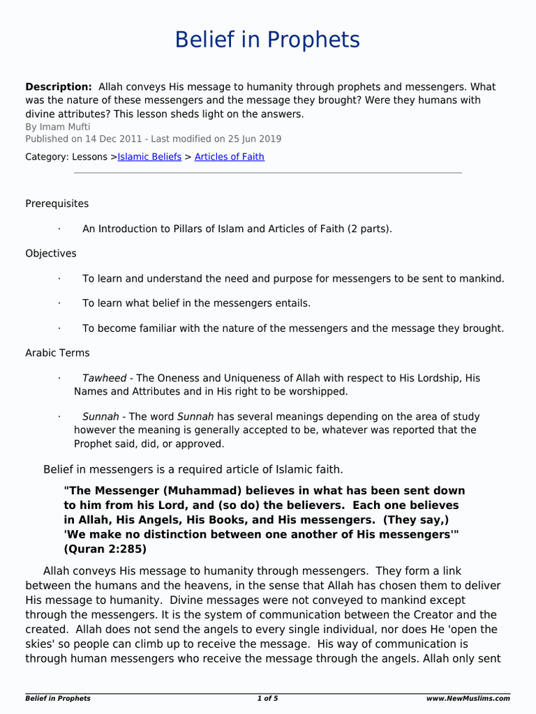 Belief In Prophets Pdf Prophets And Messengers In Islam Muhammad