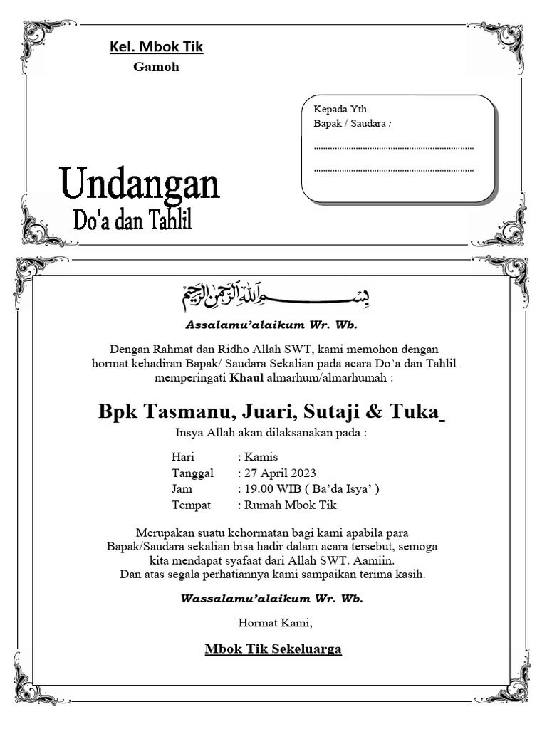 Undangan Tahlil Acara KHAUL | PDF