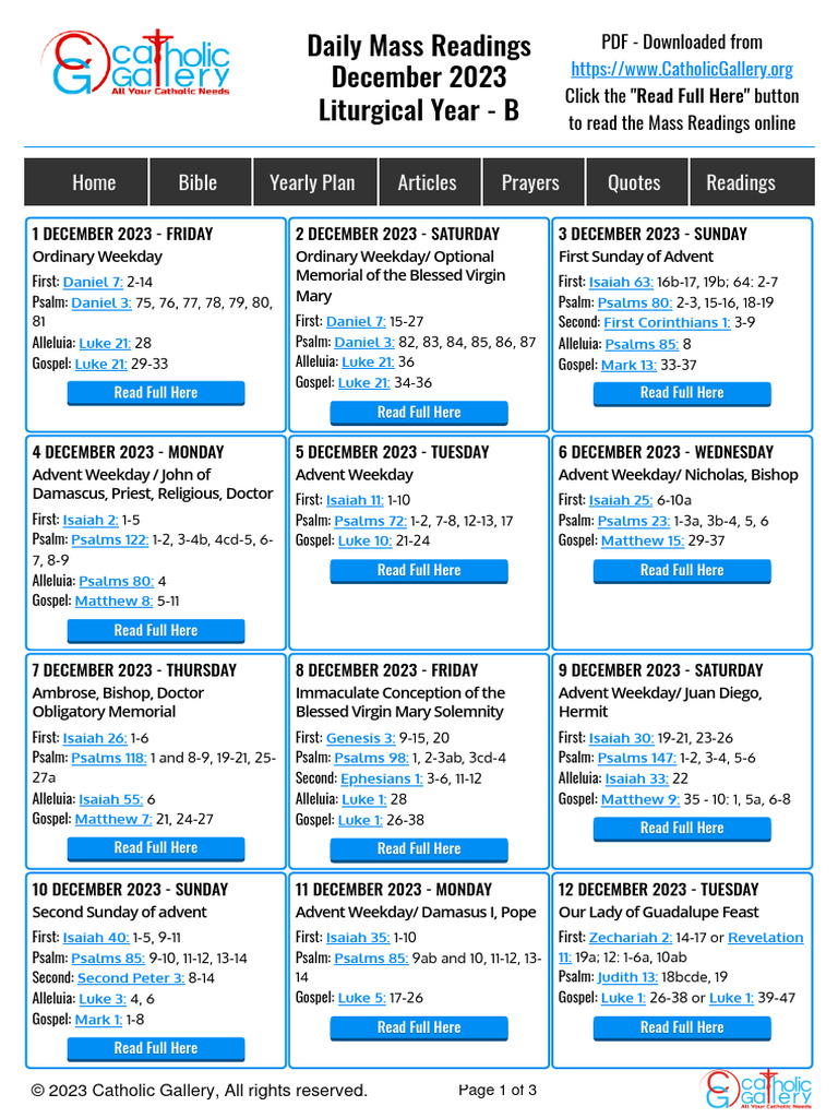Mass Readings December 2023 PDF Download PDF Liturgical Year