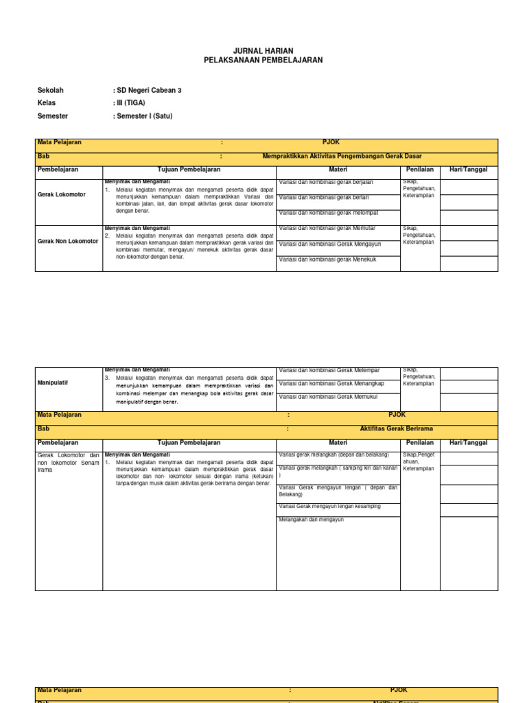 Jurnal Harian Kelas 3 PJOK Kurikulum Merdeka | PDF