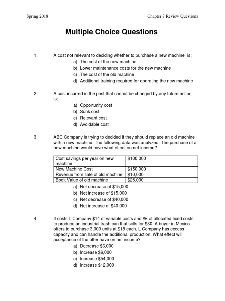 Chapter 7 Cost Analysis Questions | PDF | Depreciation | Cost